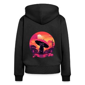 Synthwave japan Cat with umbrella - Frauen Premium Bio Zip Hoodie - Schwarz - Hinten - Julia (174cm)