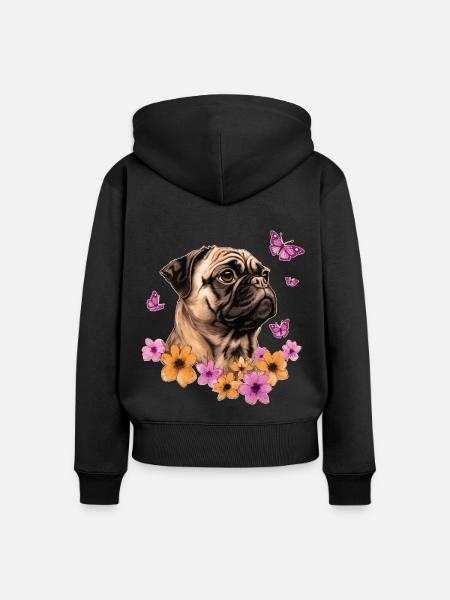 Mops mit Schmetterlingen - Frauen Premium Bio Zip Hoodie - Schwarz