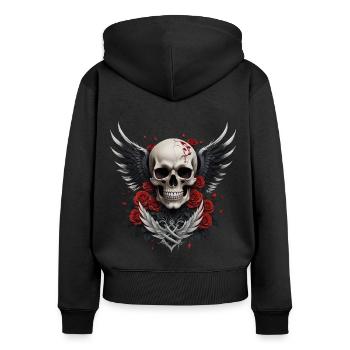 Geflügelter Totenkopf & rote Rosen, Gothic, Totenkopf - Frauen Premium Bio Zip Hoodie - Schwarz - Hinten - Julia (174cm)