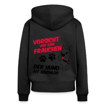 Vorsicht vor dem Frauchen - der Hund ist harmlos - Frauen Premium Bio Zip Hoodie - Schwarz - Hinten - Julia (174cm)