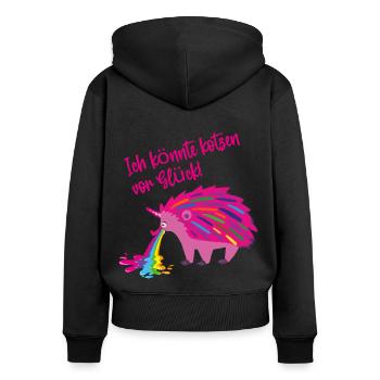 kotzen vor glück,igel,regenbogen,kotzen,glück - Frauen Premium Bio Zip Hoodie - Schwarz - Hinten - Julia (174cm)