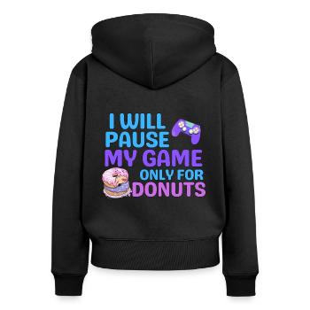 JE METTRAI MON JEU EN PAUSE UNIQUEMENT POUR LES BEIGNETS - Sweat à capuche zippé Premium bio Femme - noir - Dos - Julia (174cm)