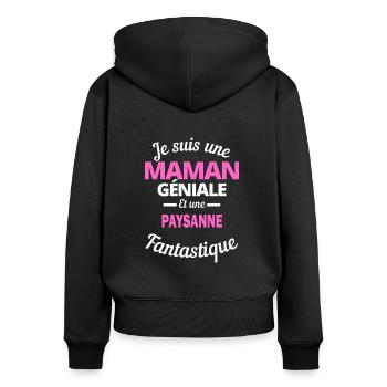 Je suis une Maman géniale Et une paysanne - Sweat à capuche zippé Premium bio Femme - noir - Dos - Julia (174cm)