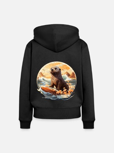 Seeotter auf Surfboard - Frauen Premium Bio Zip Hoodie - Schwarz