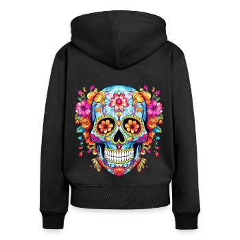 Mexikanischer Totenkopf, Blumen, Schädel, floral - Frauen Premium Bio Zip Hoodie - Schwarz - Hinten - Julia (174cm)