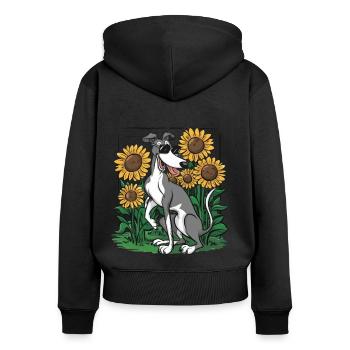 Windhund und Sonnenblumen - Frauen Premium Bio Zip Hoodie - Schwarz - Hinten - Julia (174cm)