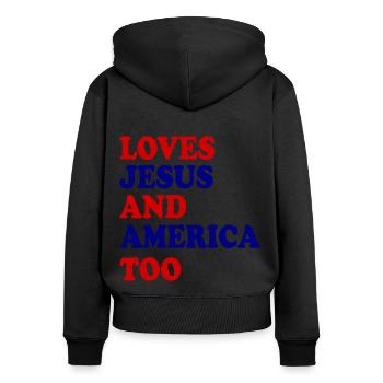 loves jesus and america too - Frauen Premium Bio Zip Hoodie - Schwarz - Hinten - Julia (174cm)