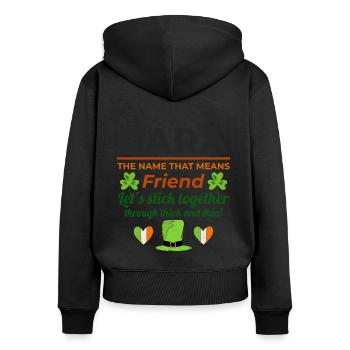 Drôle de fille irlandaise Nom : Cara - L’ami - Sweat à capuche zippé Premium bio Femme - noir - Dos - Julia (174cm)