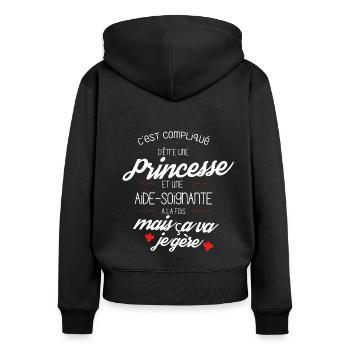 T-shirt Princesse Aide Soignante - cadeau drôle - Sweat à capuche zippé Premium bio Femme - noir - Dos - Julia (174cm)