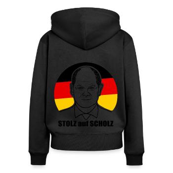 stolz auf Scholz, Bundeskanzler, Deutschland Shirt - Frauen Premium Bio Zip Hoodie - Schwarz - Hinten - Julia (174cm)