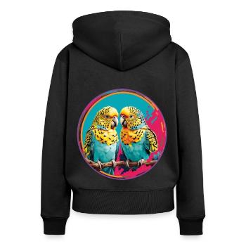 zwei bunte farbenfrohe Wellensittiche im Farbkreis - Frauen Premium Bio Zip Hoodie - Schwarz - Hinten - Julia (174cm)