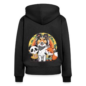 Sheltie (Shetland Sheepdog), Panda und Fuchs - Frauen Premium Bio Zip Hoodie - Schwarz - Hinten - Julia (174cm)