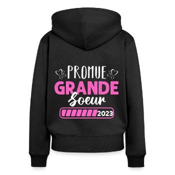 Promue grande soeur en 2023 annonce naissance - Sweat à capuche zippé Premium bio Femme - noir - Dos - Julia (174cm)