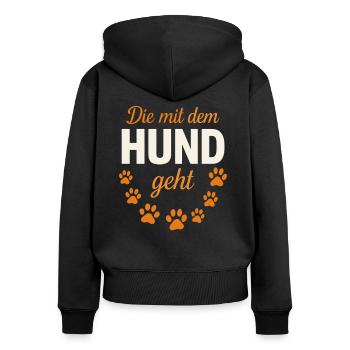 Qui se promène avec le chien – Pfotenliebe Design - Sweat à capuche zippé Premium bio Femme - noir - Dos - Julia (174cm)