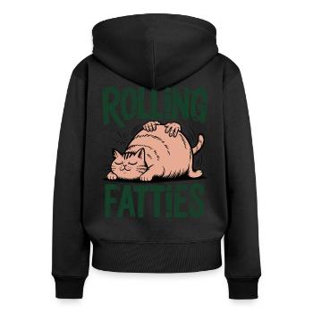 Rolling Fatties Katze Humor - Frauen Premium Bio Zip Hoodie - Schwarz - Hinten - Julia (174cm)