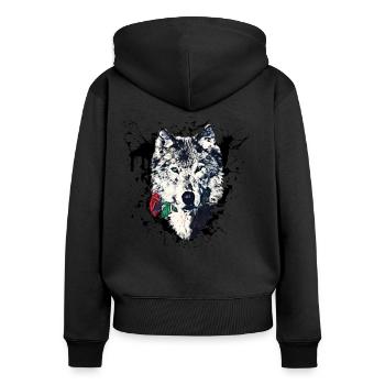 Wolf mit Rose, Love Symbol, Wölfe, Freiheit - Frauen Premium Bio Zip Hoodie - Schwarz - Hinten - Julia (174cm)