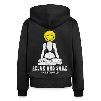 Smiley tout en se relaxant avec le yoga dans la position du lotus - Sweat à capuche zippé Premium bio Femme - noir - Dos - Julia (174cm)