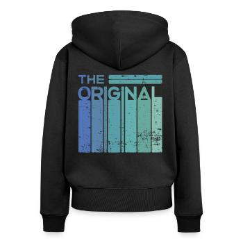 The Original Partnerlook Design Mann - Frauen Premium Bio Zip Hoodie - Schwarz - Hinten - Julia (174cm)