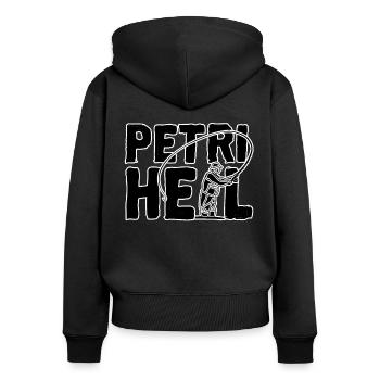 petri heil angel shirt mit angler - Frauen Premium Bio Zip Hoodie - Schwarz - Hinten - Julia (174cm)