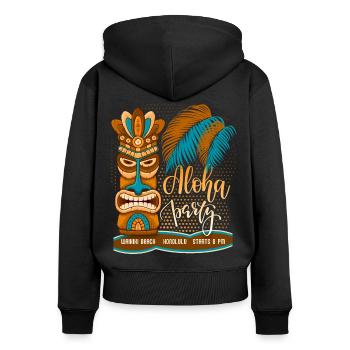 Hawaï, fête sur la plage, Honolulu avec masque tiki - Sweat à capuche zippé Premium bio Femme - noir - Dos - Julia (174cm)