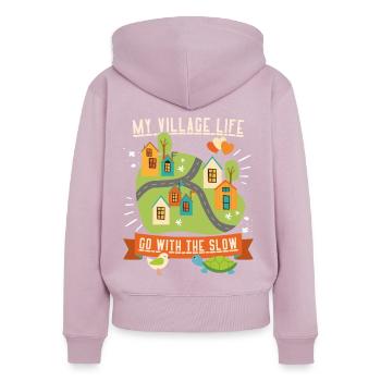 Vie de village, vie à la campagne, drôle de dicton slow-life - Sweat à capuche zippé Premium bio Femme - rose poudré - Dos - Julia (174cm)