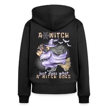 Hexe, Hexe auf Besen, Halloween, lustiger Spruch - Frauen Premium Bio Zip Hoodie - Schwarz - Hinten - Julia (174cm)