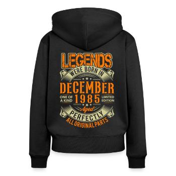 1985 Décembre Birthday Legend - Sweat à capuche zippé Premium bio Femme - noir - Dos - Julia (174cm)