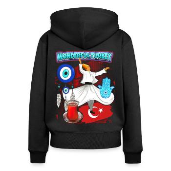 Turquie, Derviches, Thé Turc, Oeil Turc - Sweat à capuche zippé Premium bio Femme - noir - Dos - Julia (174cm)