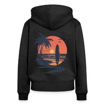 Surfbrett Sonnenuntergang und Palmen - Frauen Premium Bio Zip Hoodie - Schwarz - Hinten - Julia (174cm)