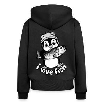 Penguin with fish - I love fish - Women's Premium Organic Zip Hoodie - black - Back - Julia (174cm)