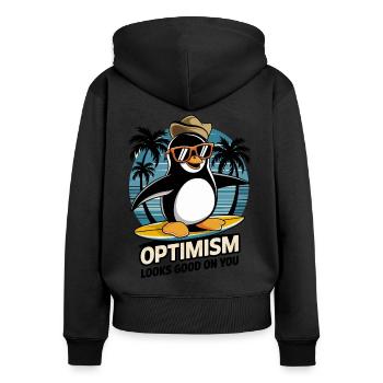 Optimismus Steht Dir Gut Surfen Pinguin - Frauen Premium Bio Zip Hoodie - Schwarz - Hinten - Julia (174cm)