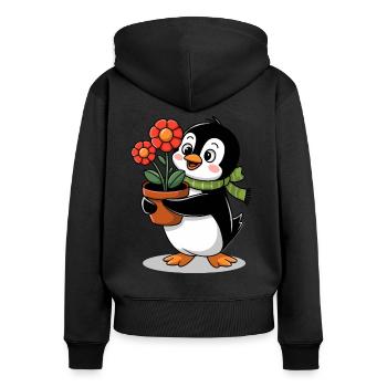 Pingouin avec pot de fleurs dans le jardin pour jardinier - Sweat à capuche zippé Premium bio Femme - noir - Dos - Julia (174cm)