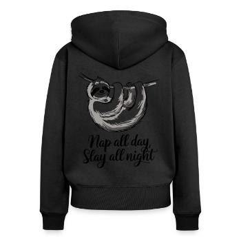 Nap All Day, Slay All Night Faultier Design - Frauen Premium Bio Zip Hoodie - Schwarz - Hinten - Julia (174cm)