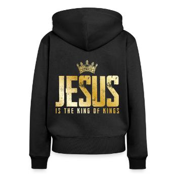 Jésus Christ est roi d'or - Sweat à capuche zippé Premium bio Femme - noir - Dos - Julia (174cm)