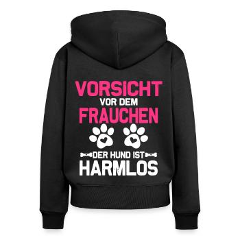 Vorsicht vor dem Frauchen - Frauen Premium Bio Zip Hoodie - Schwarz - Hinten - Julia (174cm)