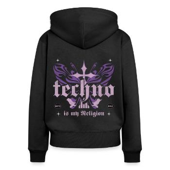 La techno est mon papillon religieux - Sweat à capuche zippé Premium bio Femme - noir - Dos - Julia (174cm)
