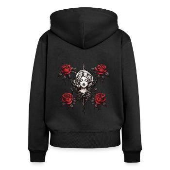 Rosenkönigin: Schöner Kopf mit Blütenzauber - Frauen Premium Bio Zip Hoodie - Schwarz - Hinten - Julia (174cm)