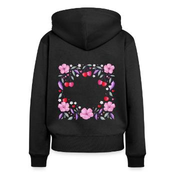 Floral wreath of cherry blossoms, hearts, cherries - Women's Premium Organic Zip Hoodie - black - Back - Julia (174cm)