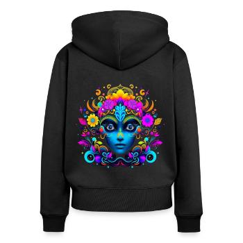 Frau mit Blumen im Haar, psychedelisch - Frauen Premium Bio Zip Hoodie - Schwarz - Hinten - Julia (174cm)