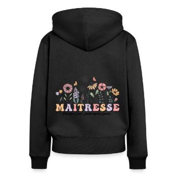 Maîtresse d'école motif floral fleur cadeau groovy - Sweat à capuche zippé Premium bio Femme - noir - Dos - Julia (174cm)