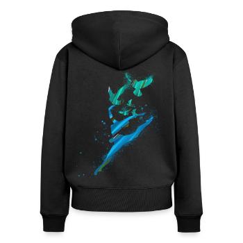 tanz,tänzerin,blau,graffiti,leichtigkeit, vögel - Frauen Premium Bio Zip Hoodie - Schwarz - Hinten - Julia (174cm)