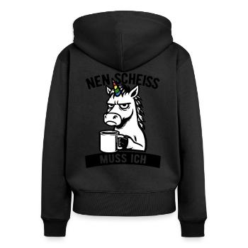 Freches Einhorn - Nen Scheiß muss ich - Kaffee - Frauen Premium Bio Zip Hoodie - Schwarz - Hinten - Julia (174cm)