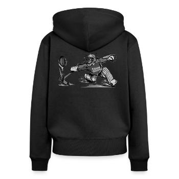CoonDesign - Goalie II - Frauen Premium Bio Zip Hoodie - Schwarz - Hinten - Julia (174cm)