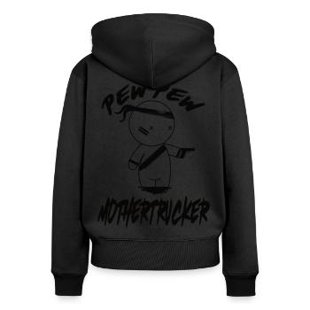 PEW PEW Mothertrucker - Frauen Premium Bio Zip Hoodie - Schwarz - Hinten - Julia (174cm)