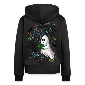 Joyeux fantôme d’Halloween - Sweat à capuche zippé Premium bio Femme - noir - Dos - Julia (174cm)