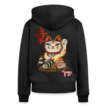 Yokai Maneki Neko Sushi - Frauen Premium Bio Zip Hoodie - Schwarz - Hinten - Julia (174cm)
