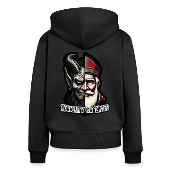 "Frecher oder netter Weihnachtsmann mit zwei Gesichtern VS Krampus - Frauen Premium Bio Zip Hoodie - Schwarz - Hinten - Julia (174cm)
