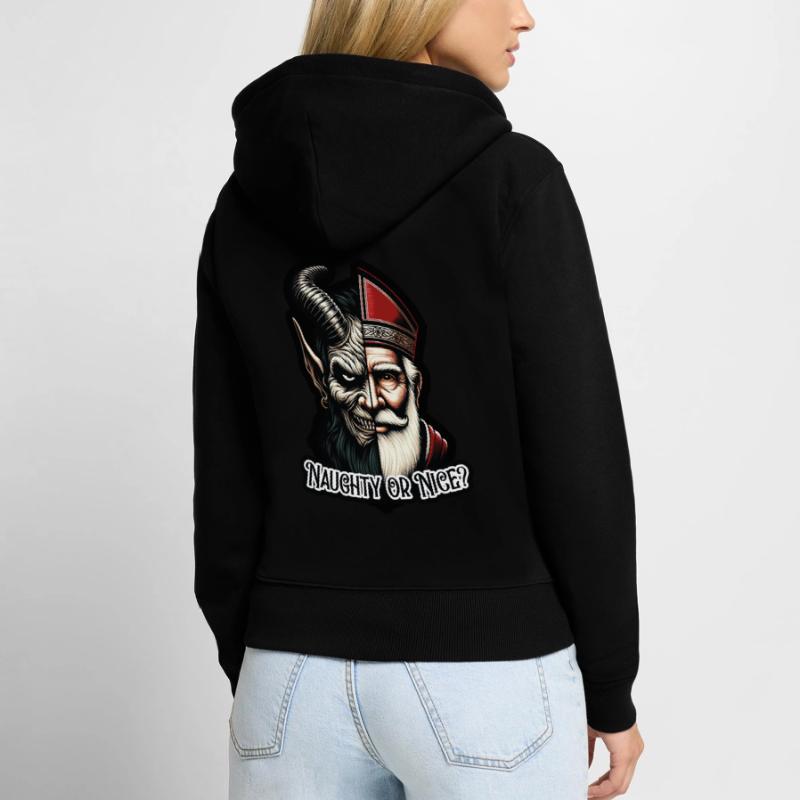 "Frecher oder netter Weihnachtsmann mit zwei Gesichtern VS Krampus Frauen Premium Bio Zip Hoodie