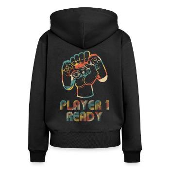 Spieler 1 Ready in Combo mit Spieler 2, - Frauen Premium Bio Zip Hoodie - Schwarz - Hinten - Julia (174cm)