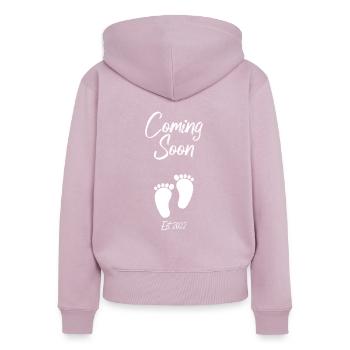 Coming Soon Schwangerschaft Ankündigung - Frauen Premium Bio Zip Hoodie - Altrosa - Hinten - Julia (174cm)